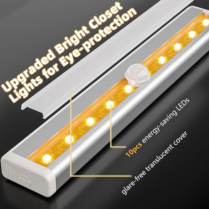 Under Cabinet Lights, 10LED Battery Motion Sensor Light Indoor Magnetic Stick-Anywhere Closet Lights for Stair Kitchen Wardrobe Hallway(6 Pack)