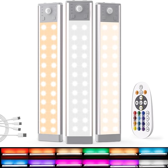 Under Cabinet Lights with Charging Station, 24LED Dimmable Rechargeable Motion Sensor Light Indoor with 15 Color Temperatures, Magnetic RGB Stick-Anywhere Closet Light for Stair Kitchen (3 Pack)