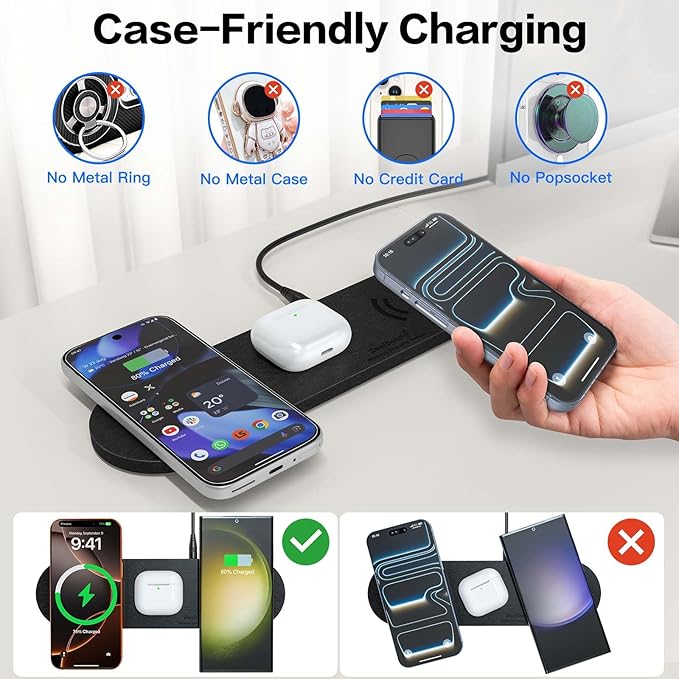 ZealSound Wireless Charging Pad,Triple Wireless Charger Pad Multiple Devices Compatible with iPhone Phone New AirPods Galaxy Buds Ultra-Slim PU Leather Wireless Charging Mat for Smartphone Phone Black