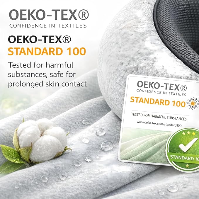 Travel Neck Pillow with 100% Pure Memory Foam, G-Shape, Includes Eye Mask & Ear Plugs, Ergonomic Design for Airplane, Car & Office, etc, Beige Gray