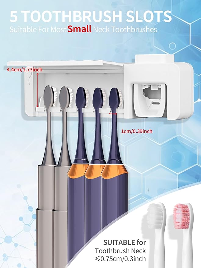 Toothbrush Holders for Bathrooms White Tooth Brush Holder with Toothpaste Dispenser Toothbrush Holder Wall Mounted 5 Toothbrush Slots Storage, Timing, AA Batteries Required