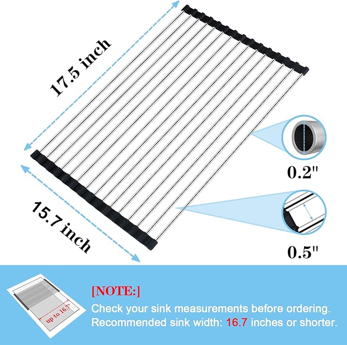 Seropy Roll Up Dish Drying Rack Over The Sink for Kitchen Sink Drying Rack Folding Dish Drainer Mat Rolling Dish Rack Sink Rack Stainless Steel Kitchen Dry Rack Black 17.5x15.7 Inch