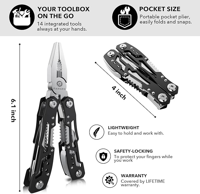 14-In-1 Multitool with Safety Locking, Professional Stainless Steel Multitool Pliers Pocket Knife, Bottle Opener, Screwdriver with Nylon Sheath ，Apply to Survival,Camping, Hunting and Hiking 1 Pcs