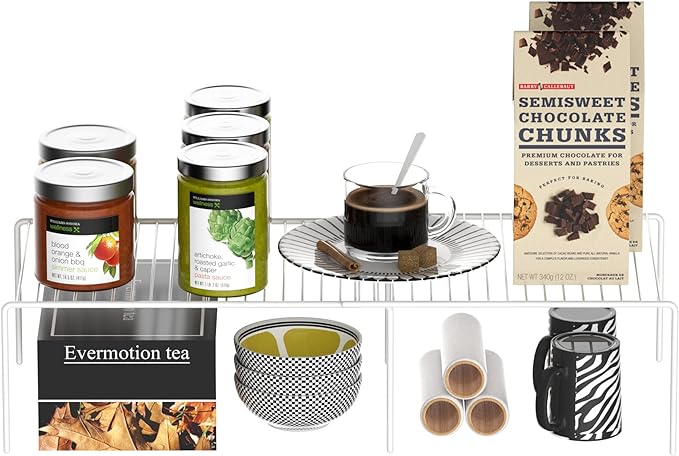 Redrubbit Cabinet Storage Shelf Rack, Expandable Metal Rustproof Kitchen Counter and Cabinet Shelf, Storage Rack Organizer Space Saver for Kitchen, Fridge, Cabinet, Bathroom, White, Set of 4