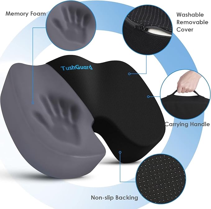 TushGuard Seat Cushion for Office Chair Memory Foam Non-Slip Cushion Back, Coccyx, Sciatica, Tailbone Pain Relief Butt Pillow for Office Chair, Car, Wheelchair, Black, X-Large