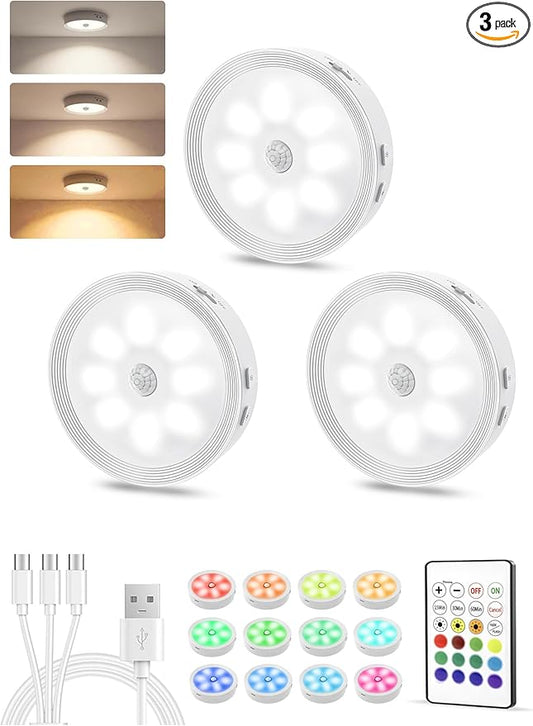 Under Cabinet Lighting, LED Puck Lights with Remote, Rechargeable Motion Sensor Lights Indoor, Dimmable Stick On Lights 3 Color Temps & 12 RGB Under Counter Lights for Kitchen, Stairs White 3 Pack