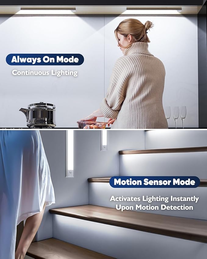 Under Cabinet Lights, 14'' LED Rechargeable Battery Operated Motion Activated Night Light Indoor, 3200mAh Magnetic Dimmable Closet Lights, 6500K Wireless Under Counter Light for Kitchen, Stair, 3 Pack