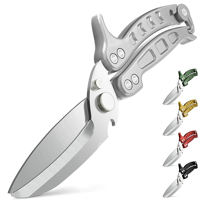 4-in-1 Multifunctional Heavy Duty Kitchen Shears – Spring-Loaded Sharp Seafood, Fish, Turkey & Chicken Kitchen Utility Scissors | Non-Slip Handle, Safety Lock & Micro-Serrated Blades for Bones(Silver)