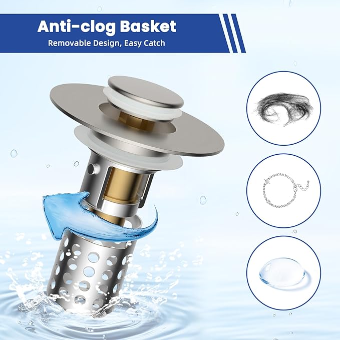 Universal Bathroom Sink Drain Strainer Hair Catcher Upgraded with Removable Stainless Steel Filter Basket, 3 in 1 Pop Up Sink Stopper for 1.1''~2.36'' Sink Basin Hole, Brushed Nickel
