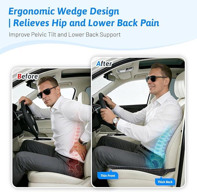Wedge Car Seat Cushion for Better Visibility & Sciatica Pain Relief - High Density Memory Foam, Non-Slip Ergonomic Car Seat Cushion for Driving, Universal Fit for Car, SUV,Truck & Tractor