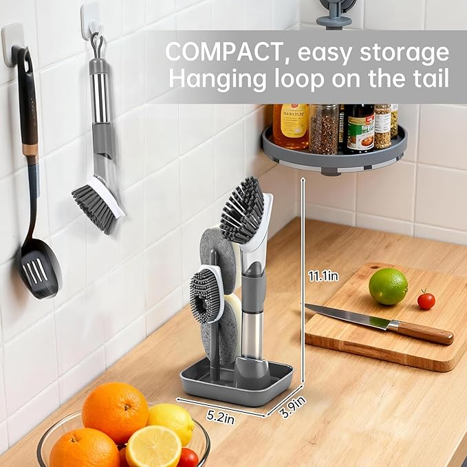 Soap Dispensing Scrub Brush - 4-in-1 Kitchen Cleaning Brush with Built-in Tank, Scraper Heads for Stubborn Grime on Pots Pans, Stand/Hang Storage-Grey