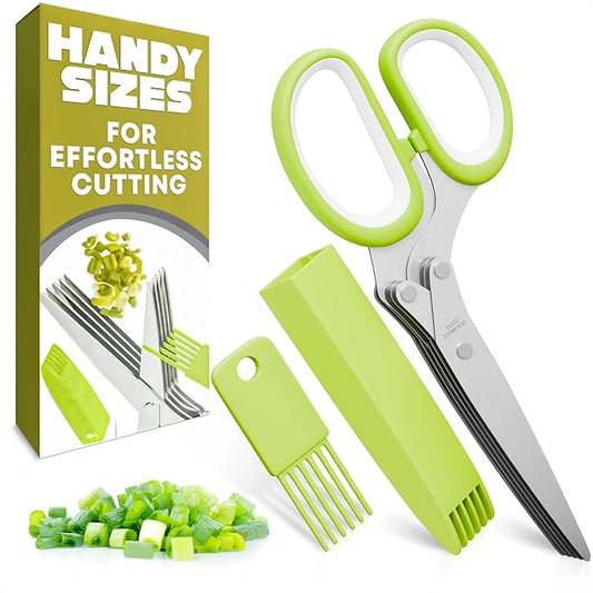 Herb Scissors with 5 Blades and Cover – Stainless Steel Herb Cutter for Fast & Precise Cutting, Compact, Easy-to-Store Design – Ergonomic Handle & Cleaning Brush for Quick and Comfortable Kitchen Prep
