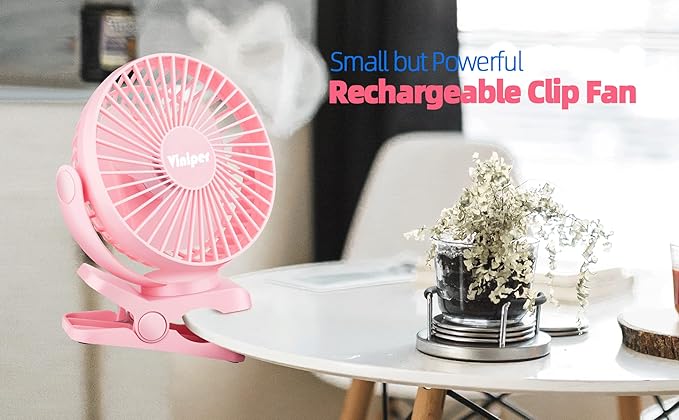 Viniper 6 inch Rechargeable Clip on Fan, 5000mah Battery Desk Fan : 360° Rotation & 3 Speeds Strong Wind Portable Fan, 8-30 Working Hours, Quiet and Powerful (Pink)