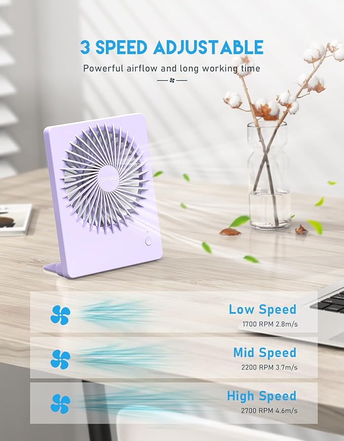 Zuvas Desk Fan Battery Operated Fan Rechargeable 180°Tilt Folding Personal Fan Ultra Quiet Small Portable 3 Speed Adjustable Strong Wind Fan For Office Bedroom Home Desktop Camping (Light Purple)