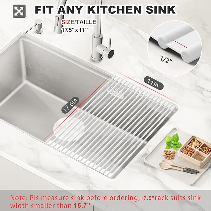 MERRYBOX Roll Up Over The Sink Dish Drying Rack Silicone Wrapped Foldable, Heat-Resistant, Anti-Slip Sink Rack Multipurpose Dish Drainer for Kitchen Sink Counter - White, 17.5" x 11"