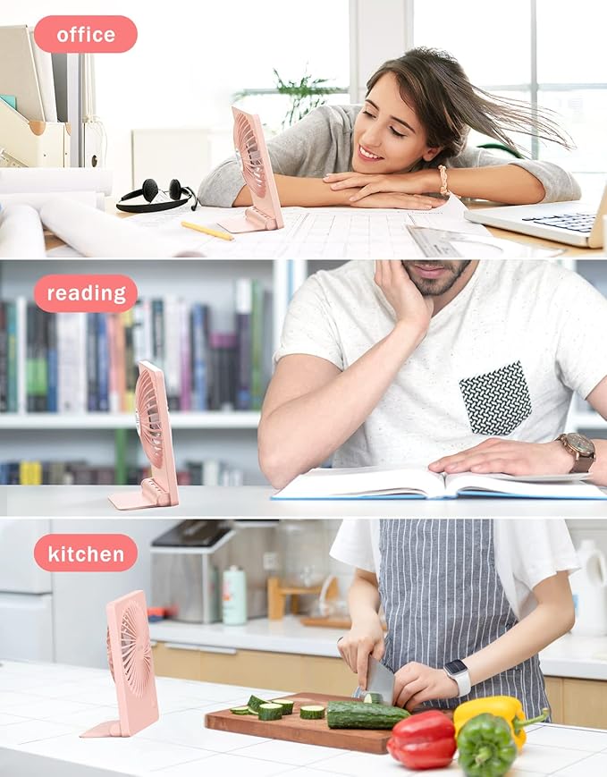 Zuvas Desk Fan Battery Operated Fan Rechargeable 180°Tilt Folding Personal Fan Ultra Quiet Small Portable 3 Speed Adjustable Strong Wind Fan For Office Bedroom Home Desktop Camping (Pink)