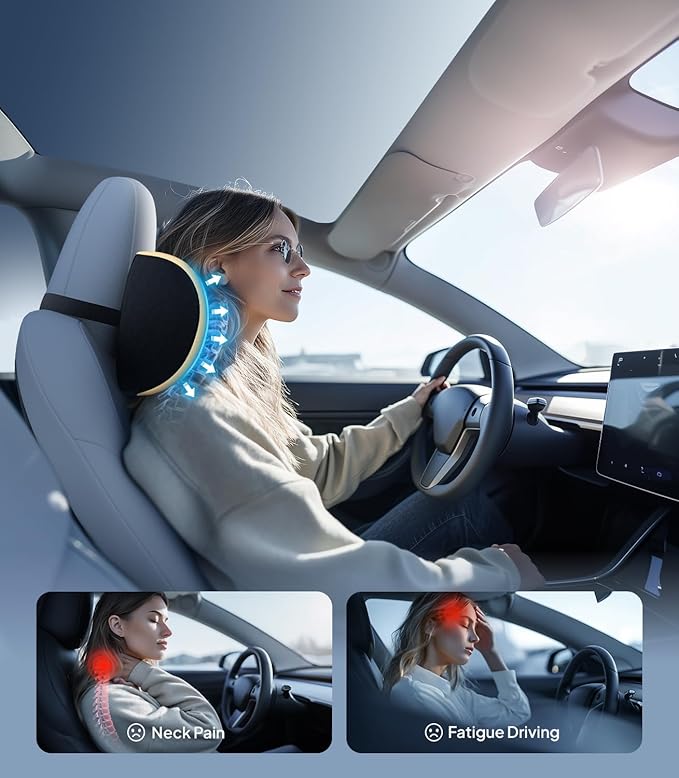 Wigoo 2026 Upgrade Car Neck Pillow [No More Pressure, Odorless] Soft Car Headrest Pillow with Adjustable Strap Removable Cover 100% Memory Foam, Fits All Vehicles (Beige 2-Pack)