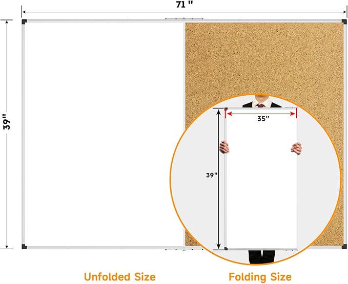 XBoard Extra Large Magnetic White Board and Bulletin Corkboard Combination, 72 x 40 Inch Foldable Dry Erase & Cork Combo Board for Wall with Aluminum Frame, 6' x 3' Notice Memo Board Pin Vision Board