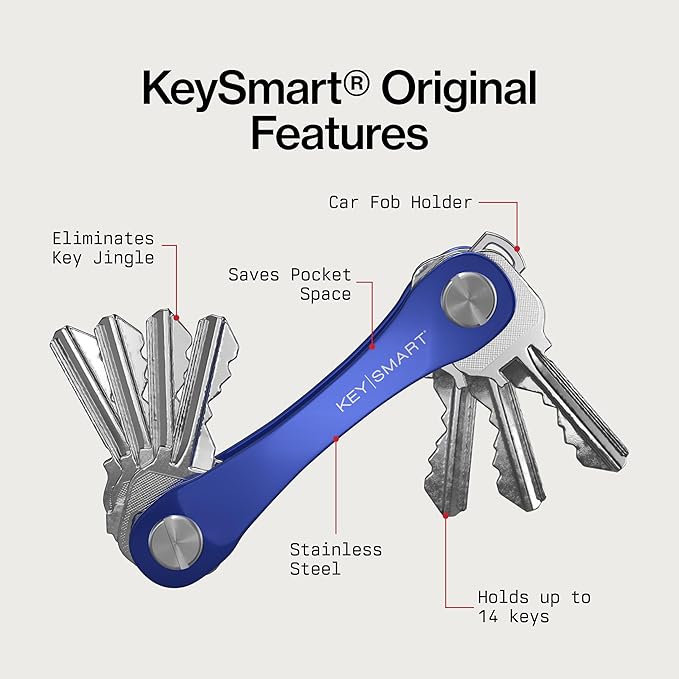 KeySmart Original Key Holder - Compact Key Organizer for Key Chain, Minimalist Clutter-Free EDC Keychains Key Ring, Blue, 14 Keys