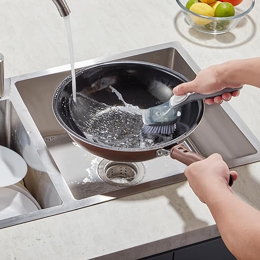 VEVOR Soap Dispensing Dish Brush, Kitchen Scrub Brushes with 3 Brush Heads, Dish Cleaning Brushes with PP Handle and Curved Bristles, Ideal for Pots, Pans, Sink and Stove