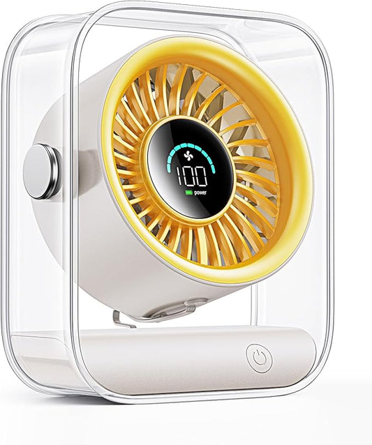 DIGIX USB Rechargeable Desk Fan, Portable Table Fan with 100 Speeds Turbo Airflow, 90° Tilt Quiet Small Fans for Bedroom with LED Display, Personal Cooling Fan for Travel Office Camping (White)