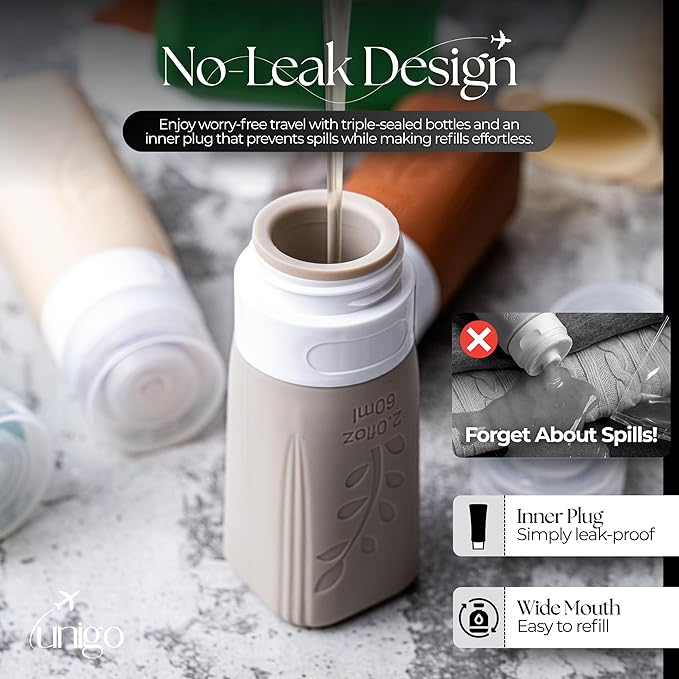 unigo Silicone Travel Bottles Set for Toiletries, Airplane Approved TSA Carry On Size, BPA Free Leakproof Refillable Squeeze Containers with Labels, Cleaning Brush and Covers (Multicolor C)