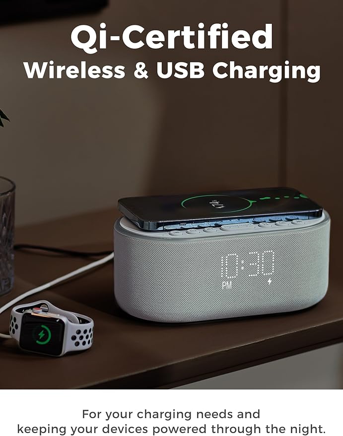 Wireless Charging Alarm Clock Radio: Qi Certified Fast Wireless Charger for iPhone Samsung - 10W Stereo Bluetooth Speaker - Dimmable Digital Clock with FM Radio for Bedroom Cloud Blue