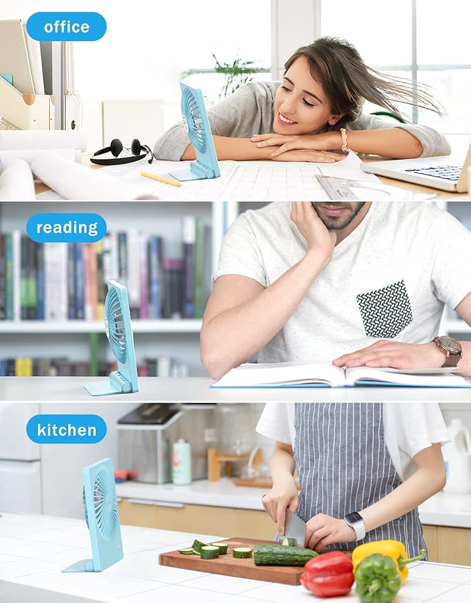 Zuvas Desk Fan Battery Operated Fan Rechargeable 180°Tilt Folding Personal Fan Ultra Quiet Small Portable 3 Speed Adjustable Strong Wind Fan For Office Bedroom Home Desktop Camping (Blue)