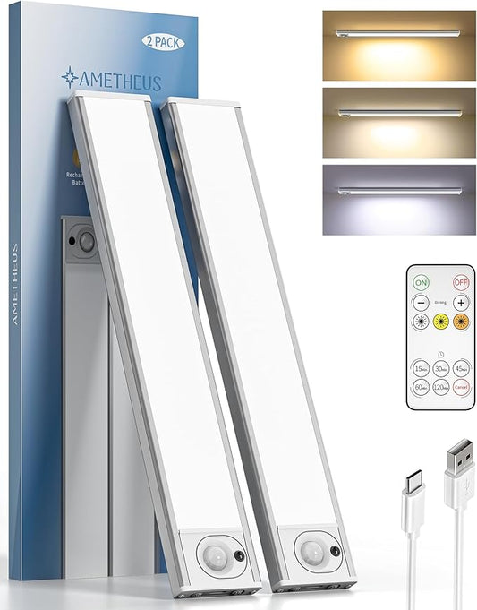 2Pack 12inch Under Cabinet Lighting, Rechargeable Motion Sensor Light Wireless Indoor, Dimmable 3 Color Temps Closet Lights with IR Remote, Under Counter LED Lights for Kitchen, Stairs