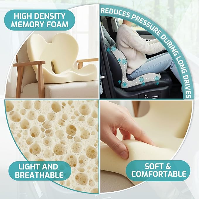 Trucker Seat Cushion, Car Seat Cushions with Lumbar Support Pillow, Ergonomic L-Shaped Orthopedic Memory Foam Pad for Long Driving Back Pain Sciatica Relief, Drivers Office Workers (Black+LGrey)
