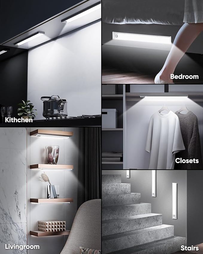 Under Cabinet Lights, 14'' LED Rechargeable Battery Operated Motion Activated Night Light Indoor, 3200mAh Magnetic Dimmable Closet Lights, 6500K Wireless Under Counter Light for Kitchen, Stair, 3 Pack