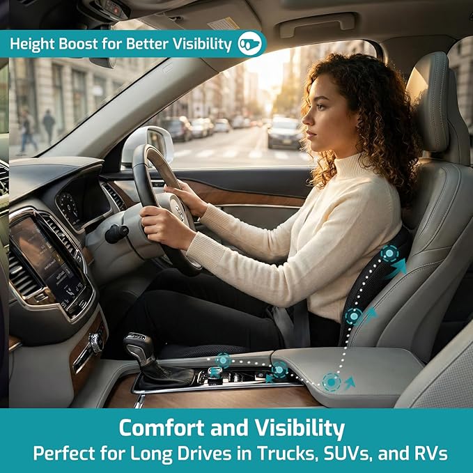 Trucker Seat Cushion, Car Seat Cushions with Lumbar Support Pillow, Ergonomic L-Shaped Orthopedic Memory Foam Pad for Long Driving Back Pain Sciatica Relief, Drivers Office Workers (Black+WE)