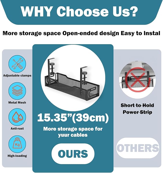 Under Desk Cable Management Tray, No Drill Mesh Desk Cable Tray, Wire Management Tray Cable Management Rack, Wire Organizer and Cable Management Box (Black)