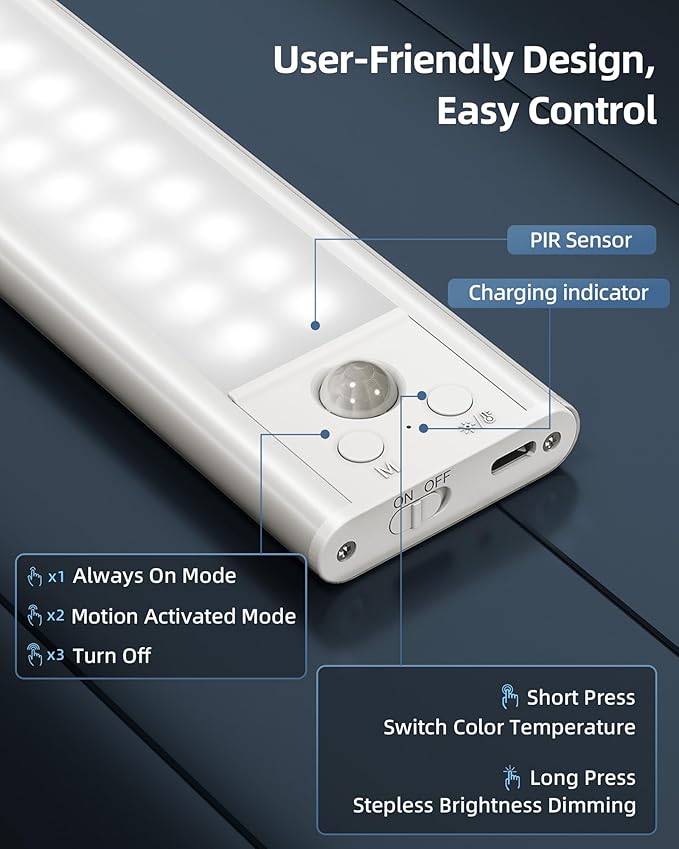 Under Cabinet Lights, Motion Sensor Light Indoor, Wireless Closet Lights, 3500mAh Rechargeable, Magnetic, 5 Levels Dimmable, Under Counter Lights for Kitchen (2 Pack)
