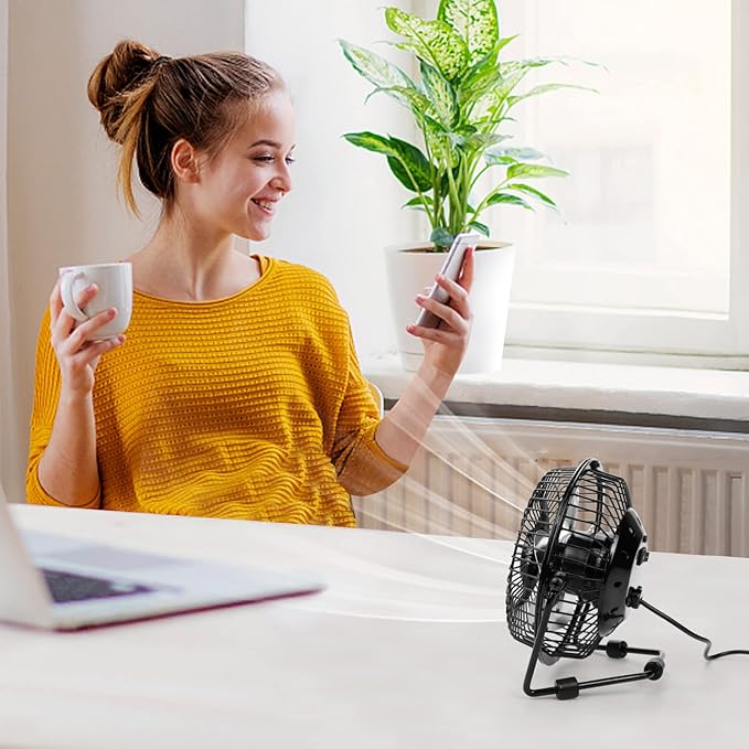 xasla 4 Inch Small USB Desk Fan, Mini Quiet Fan with Metal Construction & Strong Airflow & 360°Adjustable Tilt Angle, Personal Cooling Fan for Desktop Office (Black)