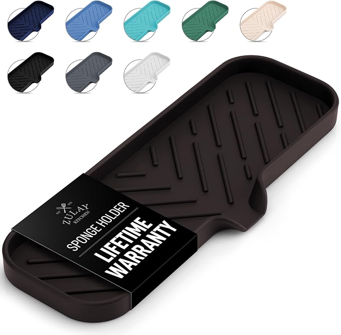 Zulay Kitchen Large Silicone Sponge Holder (12x4) – Flexible Sink Organizer Tray for Kitchen & Bathroom – Multipurpose Soap Dish for Sponges, Makeup, Trinkets & More (Chocolate)