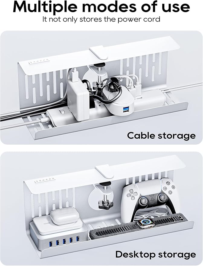 NODOCA No Drill Under Desk Cable Management Tray, 14'' Wire Management, Punch-Free Clamp on, Metal Cable Tray, Wire Organizer, Under Desk Basket for Office and Home, White