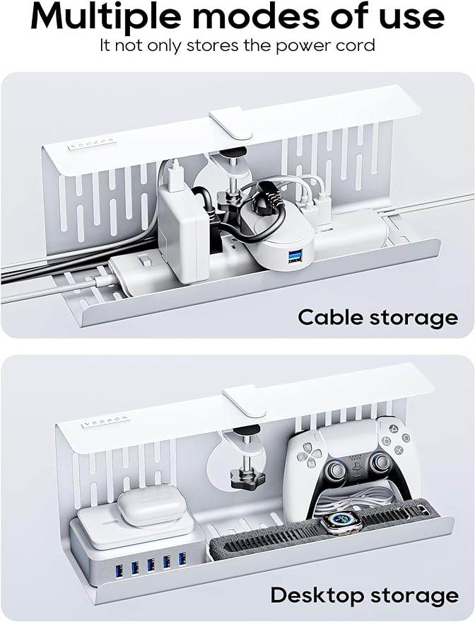 NODOCA No Drill Under Desk Cable Management Tray, 14'' Wire Management, Punch-Free Clamp on, Metal Cable Tray, Wire Organizer Under Desk, Under Desk Basket for Office and Home, White(2 Packs)
