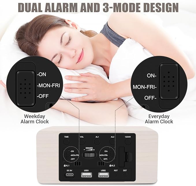 Wooden Digital Alarm Clock, 10W Fast Wireless Charger Station & 2 USB Charging Ports, with 0~99% Dimmer, Dual Alarm, Weekday/Weekend Mode, Wood LED Clock for Bedroom, Desk, Office