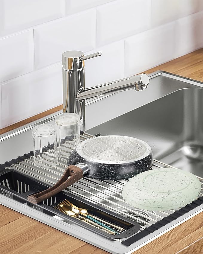 Roll Up Dish Drying Rack,Expandable Over The Sink Dish Drainer,Stainless Steel Kitchen Rolling Sink Rack with Utensil Holder,Length Up to 22.3" (Black)