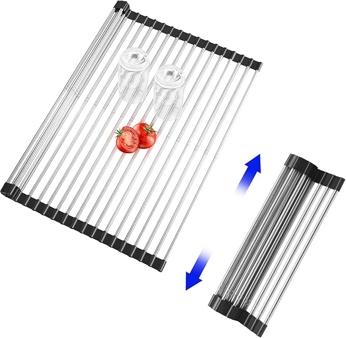 Roll Up Dish Drying Rack, Expandable Over The Sink Dish Drainer,Stainless Steel Kitchen Rolling Sink Rack Space Saving Dish Mat, Length Up to 22.3" (Black, Large Expandable)