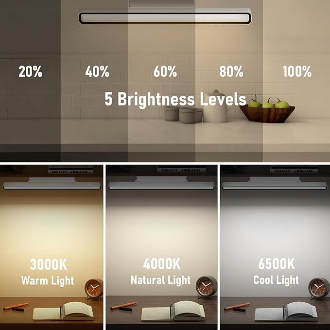 Desk Light Bar 16.5in Magnetic Rechargeable LED Light Bar, 3000K, 4500K, 6000K Color Temperature Battery Powered Under Cabinet Lighting for Desk, Home Office, Shelf, Reading