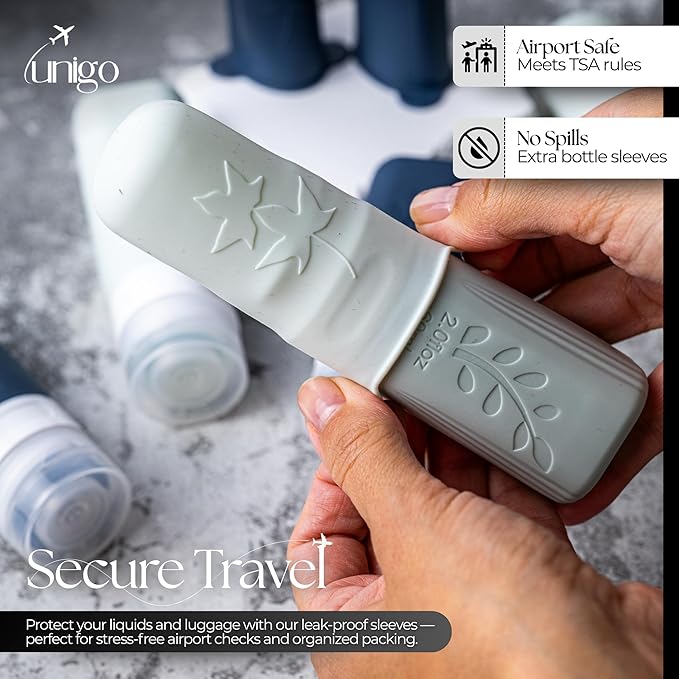 unigo Silicone Travel Bottles Set for Toiletries, Airplane Approved TSA Carry On Size, BPA Free Leakproof Refillable Squeeze Containers with Labels, Cleaning Brush and Covers (White and Black)