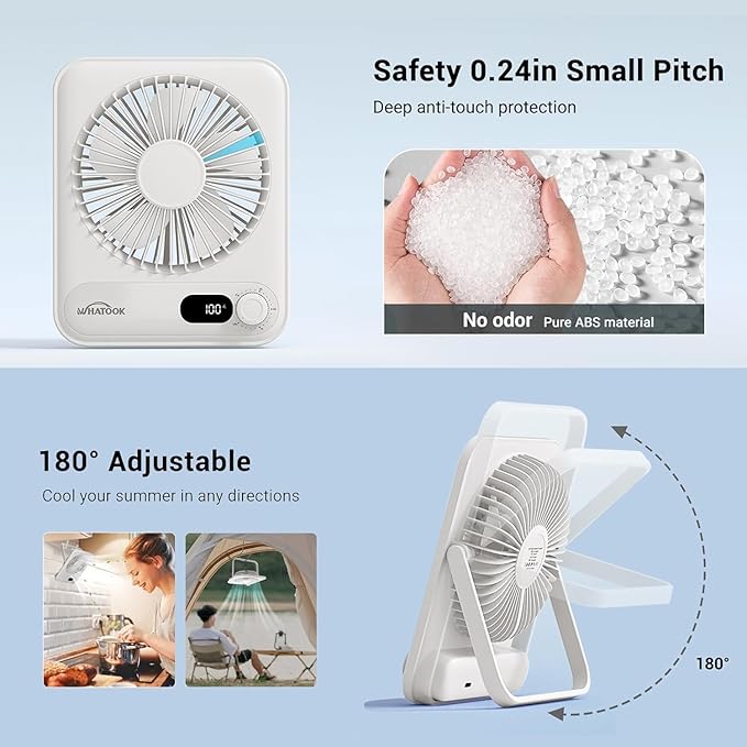 WHATOOK Small Desk Fan Personal Fans: 5000mah 25 Hours Battery Office Quiet Mini Desktop Fan Portable Rechargeable Travel Essentials (White, 5000 mAh)