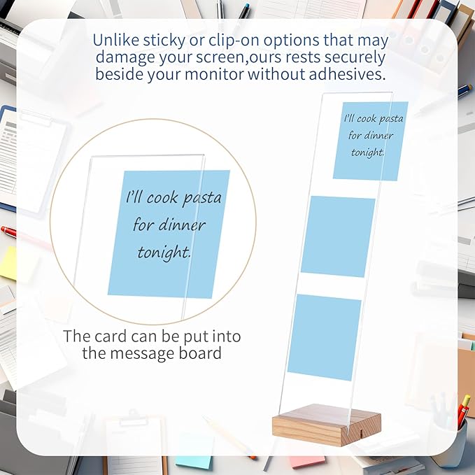 Monitor Memo Board with Removable Wooden Base Acrylic Portable Sticky Note Holder for Computer Monitors Office Desk Accessories, No Screen Damage, Fits Any Laptop and Desktop (2 Pcs)