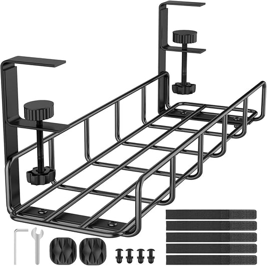 15.7” Under Desk Cable Management Tray, No Drill Steel Cable Tray Organizers, Wire Management Tray Cable Rack with Clamp Mount, Metal Under Desk Tray with Wire and Cord Organizer (Black, 1 Pack)