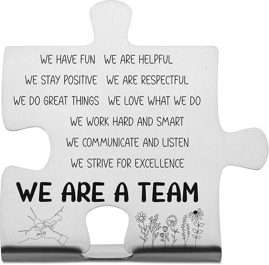 We Are a Team Puzzle Desk Sign for Coworkers Employees Friends, Engraved Stainless Steel Motivational Gift, Inspirational Office Decor Plaque for Team Values and Appreciation - FSD334