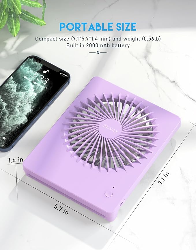 Zuvas Desk Fan Battery Operated Fan Rechargeable 180°Tilt Folding Personal Fan Ultra Quiet Small Portable 3 Speed Adjustable Strong Wind Fan For Office Bedroom Home Desktop Camping (Light Purple)