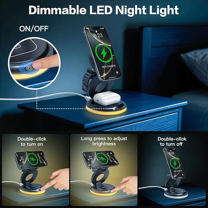 ZealSound 3-in-1 Foldable Magnetic Wireless Charger Stand – 15W Fast Charge with Night Light & Includes 30W Adapter, Portable Charging Pad for iPhone, Apple Watch & AirPods 2/3, Home, Office, Travel