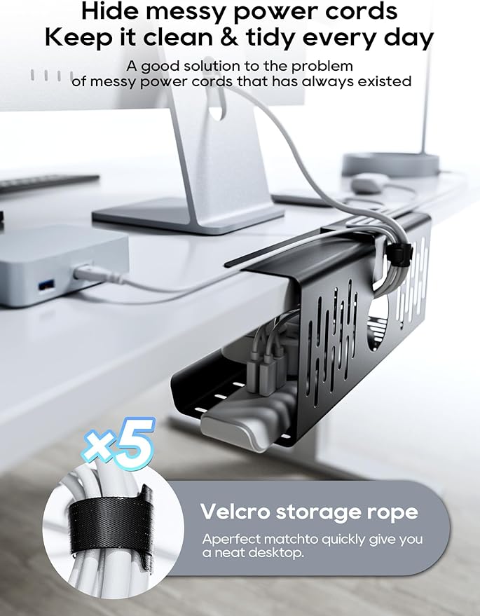 NODOCA No Drill Under Desk Cable Management Tray, 14'' Wire Management, Punch-Free Clamp on, Metal Cable Tray, Wire Organizer Under Desk, Under Desk Basket for Office and Home, Black